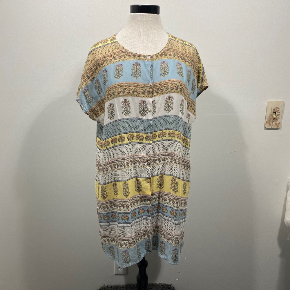 J.Jill‎ Women's Large Floral Print Rayon Button Down Short Sleeve Tunic Top Boho